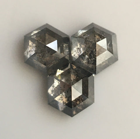 3 Pcs 0.75 Ct Gray Hexagon Shape Rustic Natural Loose Diamond, 4.16 mm X 3.63 mm X 2.14 mm Salt and Pepper Natural Hexagon Diamond SJ53/53