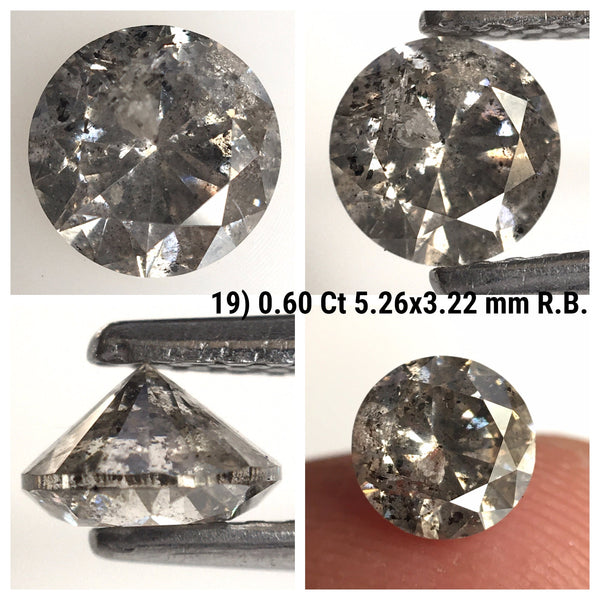 0.60 Ct, Natural Salt and Pepper Diamonds, 5.26 mm x 3.22 mm Round Brilliant Cut Natural Loose Diamond, SJ78-19