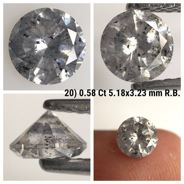 0.58 Ct, Natural Salt and Pepper Diamonds, 5.18 mm x 3.23 mm Round Brilliant Cut Natural Loose Diamond, SJ78-20