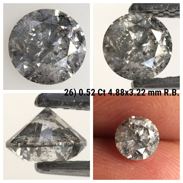 0.52 Ct, Natural Salt and Pepper Diamonds, 4.88 mm x 3.22 mm Round Brilliant Cut Natural Loose Diamond, SJ78-26