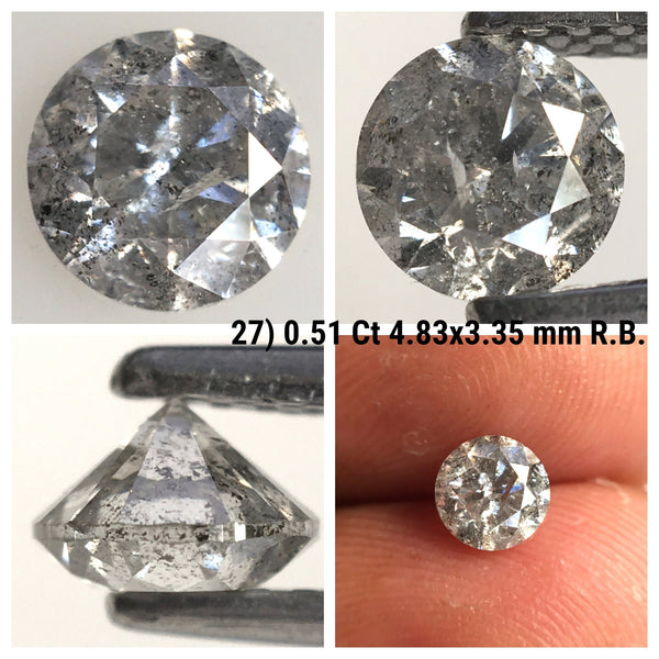 0.51 Ct, Natural Salt and Pepper Diamonds, 4.83 mm x 3.35 mm Round Brilliant Cut Natural Loose Diamond, SJ78-27