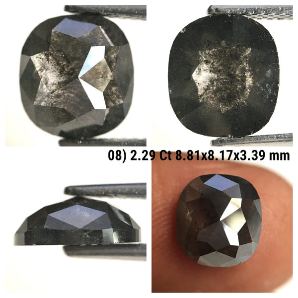 2.29 Ct Cushion Shape Natural loose diamond Salt and Pepper, 8.81 x 8.17 x 3.39 mm, Rose-Cut Cushion shape natural diamond, SJ77-08