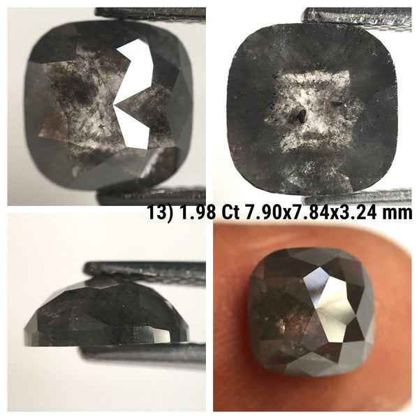1.98 Ct Cushion Shape Natural loose diamond, 7.90 x 7.84 x 3.24 mm, Salt and Pepper Rose-Cut Cushion shape natural diamond, SJ77-13