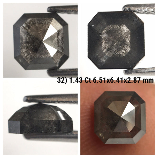 1.43 Ct Salt and Pepper Diamond, Emerald Shape Diamond, 6.51 mm x 6.41 mm x 2.87 mm Natural Loose Diamond, Flat back Emerald SJ77-32