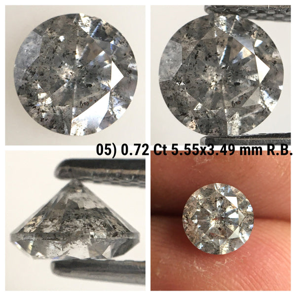 0.72 Ct, Natural Salt and Pepper Diamonds, 5.55 mm x 3.49 mm Round Brilliant Cut Natural Loose Diamond, SJ78-05