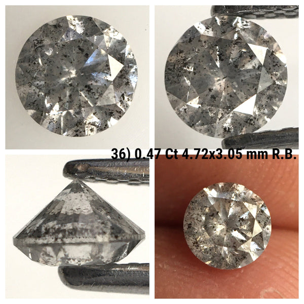 0.47 Ct, Round Cut Natural Salt and Pepper Diamonds, 4.72 mm x 3.05 mm Round Brilliant Cut Natural Loose Diamond, SJ78-36